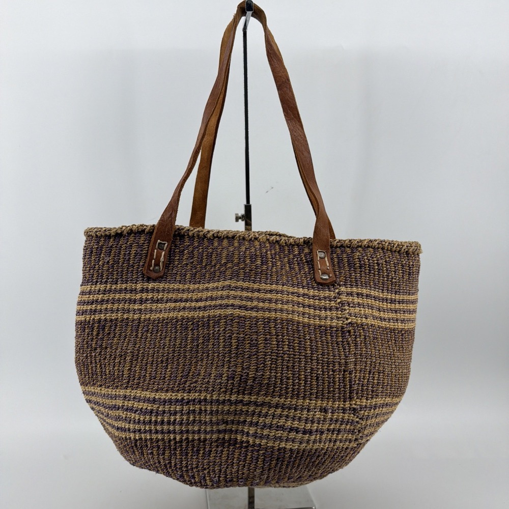 Vtg Woven Sisal Market Tote Bucket Leather Straps Beach Bag Ethnic Boho African